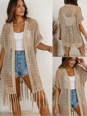 Velzera Crochet Fringe Cardigan Boho Open Knit Cotton Duster 2XL Neutral